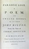 BASKERVILLE PRESS  1758  MILTON, JOHN.  Paradise Lost + Paradise Regain'd.  1st Baskerville edition, octavo issue.